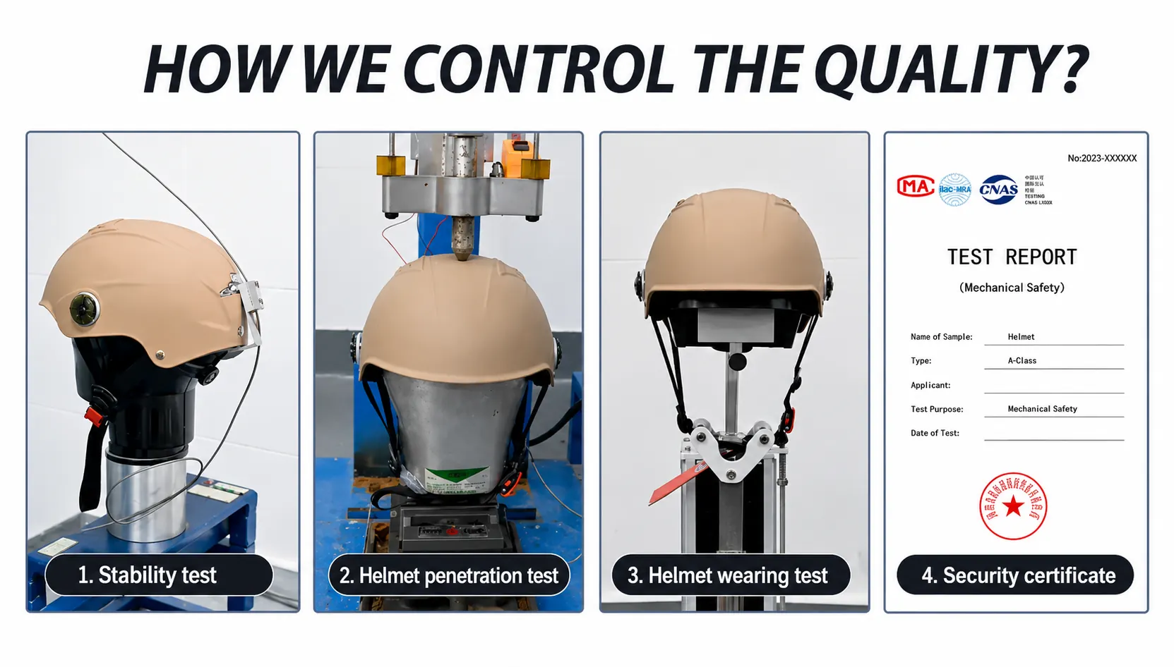 Helmet quality inspection reference showing stability, penetration, wearing and document review checks