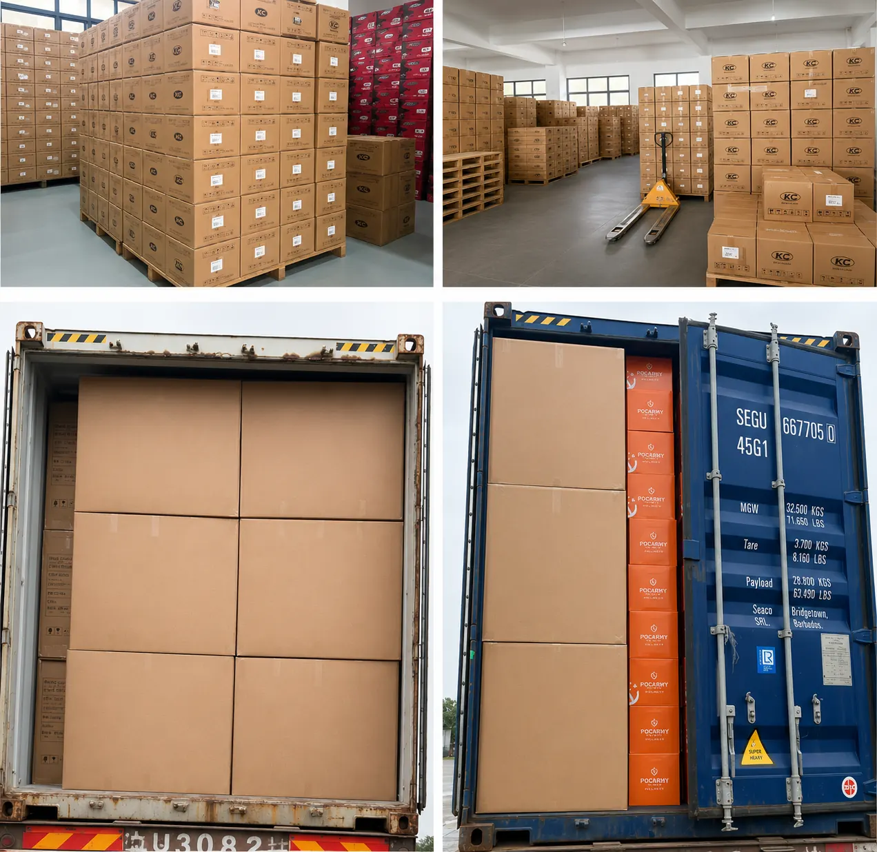 KC helmet cartons stored in the warehouse and loaded into export containers